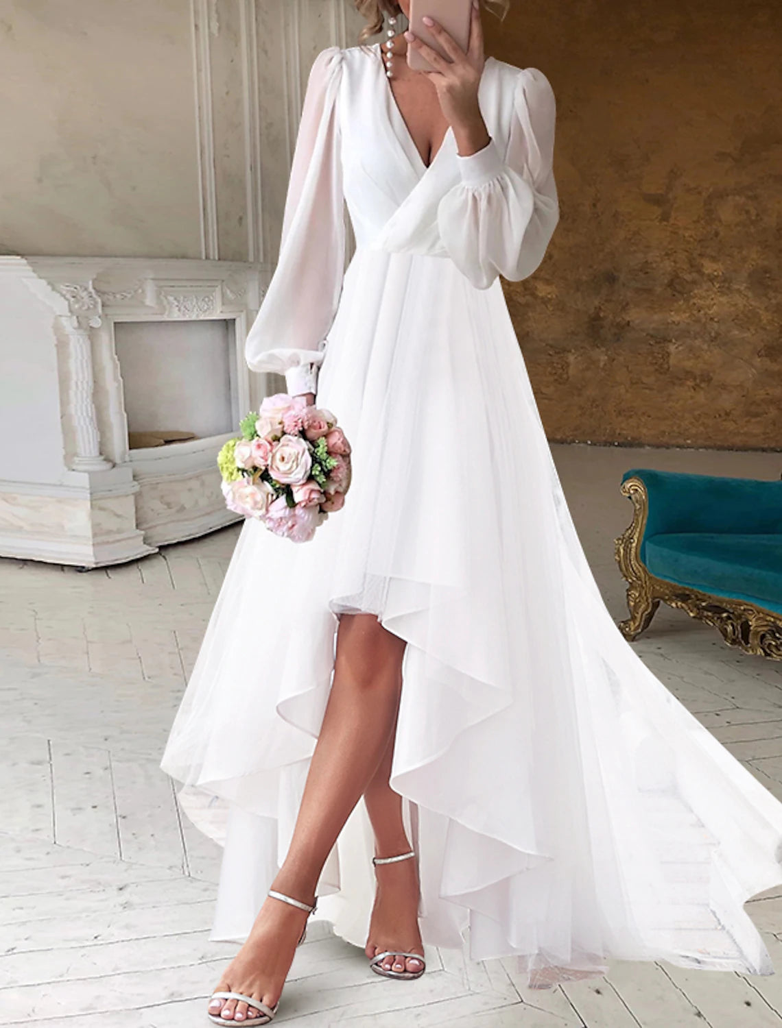 Bridal Shower Wedding Dresses Little White Dresses Simple A-Line V Neck Long Sleeve Asymmetrical Chiffon Bridal Gowns