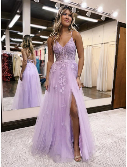 A-Line Evening Gown Open Back Dress Formal Floor Length Sleeveless V Neck Tulle Backless with Beading Slit Appliques