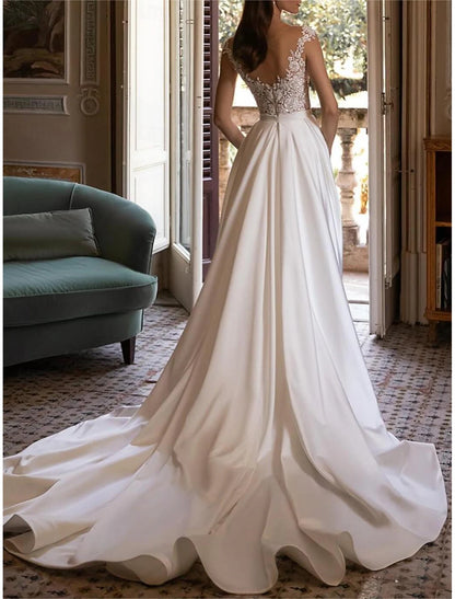 Wedding Dresses Ball Gown Off Shoulder V Neck Sleeveless Chapel Train Satin Bridal Gowns