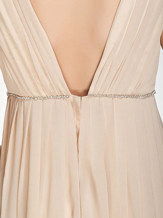 A-Line Bridesmaid Dress V Neck Sleeveless Beautiful Back Floor Length Chiffon