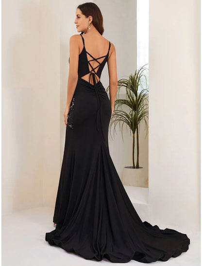 Evening Gown Sexy Dress Formal Court Train Sleeveless Spaghetti Strap Stretch Fabric with Crystals Slit