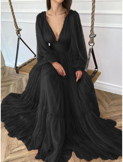 A-Line Evening Gown Elegant Dress Formal Wedding Guest Floor Length Long Sleeve V Neck Chiffon