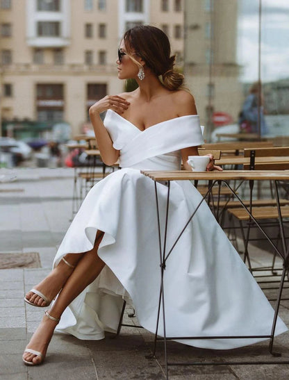 Simple Wedding Dresses Satin Little White Dresses A-Line Off Shoulder Formal Short Sleeve Tea Length Bridal Gowns