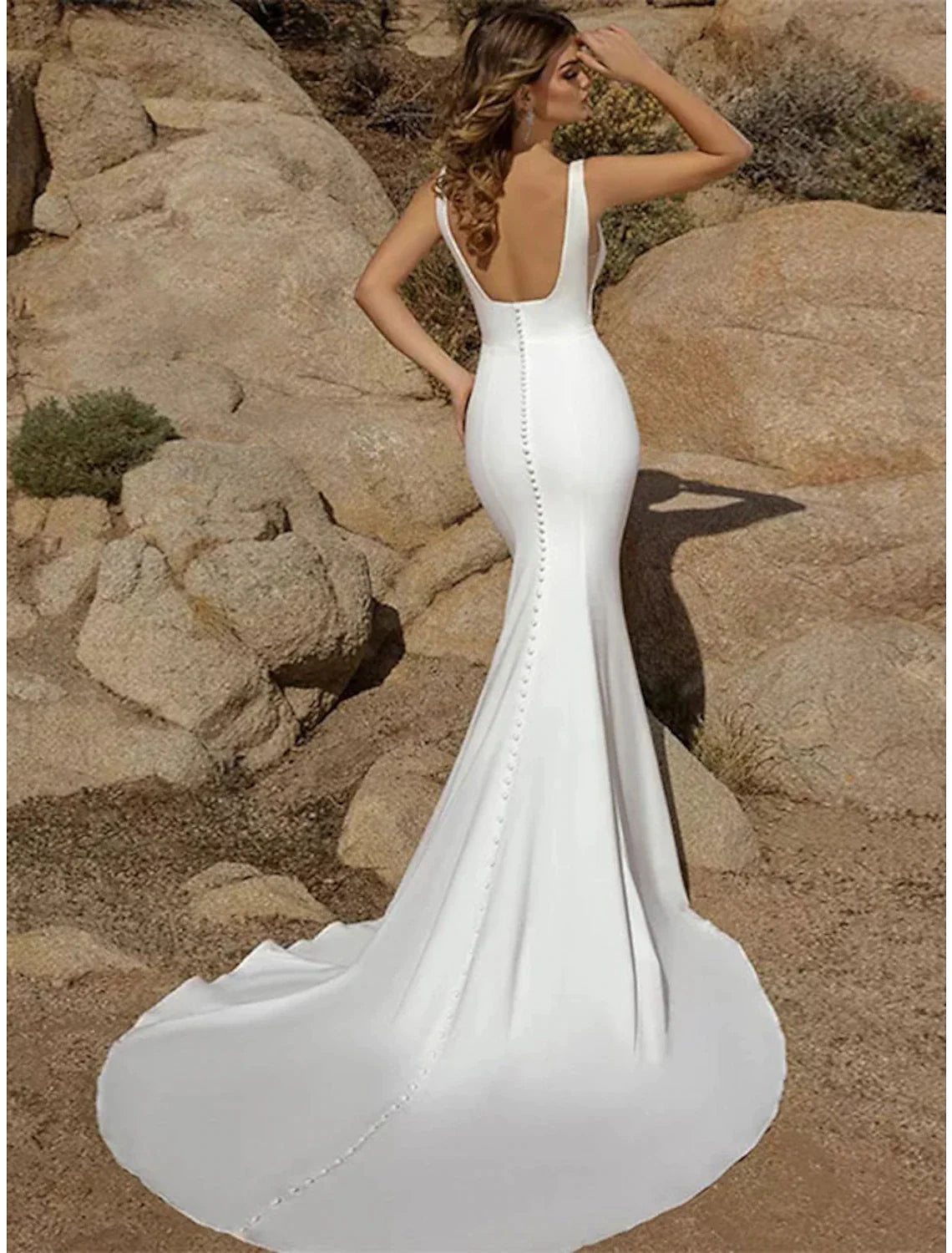 Beach Open Back Casual Wedding Dresses Court Train Mermaid / Trumpet Sleeveless Square Neck Crepe With Buttons Solid Color