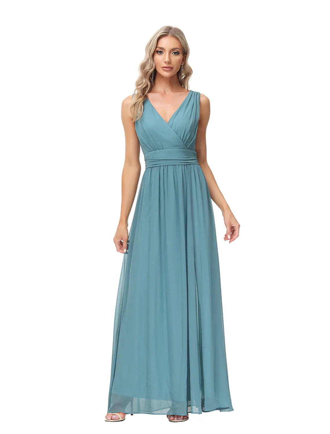 Evening Gown Empire Dress Party Wear Floor Length Sleeveless V Neck Chiffon V Back with Slit