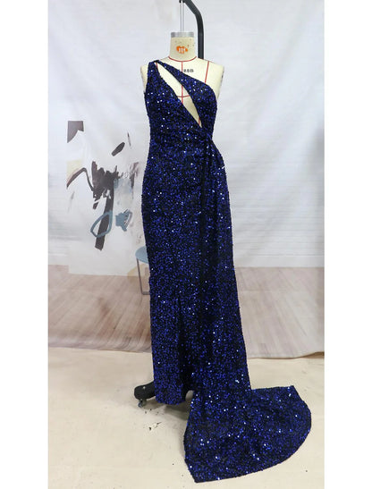 Evening Dress One Shoulder Sleeveless Court Train Sequined with Sequin Slit