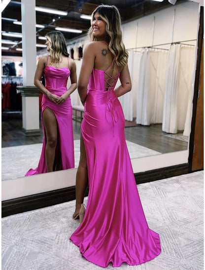 Mermaid / Trumpet Prom Dresses Empire Dress Formal Sweep / Brush Train Sleeveless Spaghetti Strap Satin Backless with Pleats