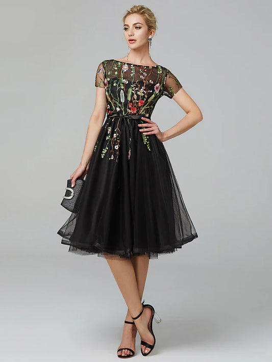 Evening Dress Illusion Neck Short Sleeve Knee Length Lace with Pleats Appliques