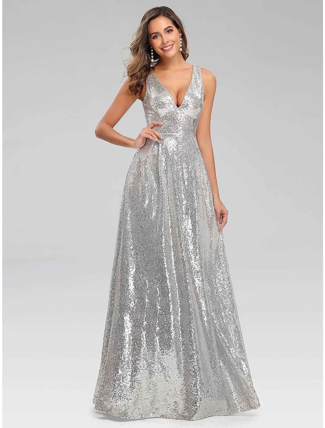 A-Line Prom Dresses Sparkle Dress Wedding Guest Engagement Floor Length Sleeveless V Neck Polyester V Back with Sequin