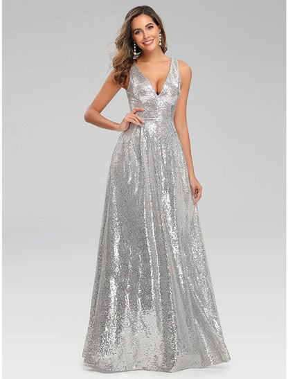 A-Line Prom Dresses Sparkle Dress Wedding Guest Engagement Floor Length Sleeveless V Neck Polyester V Back with Sequin