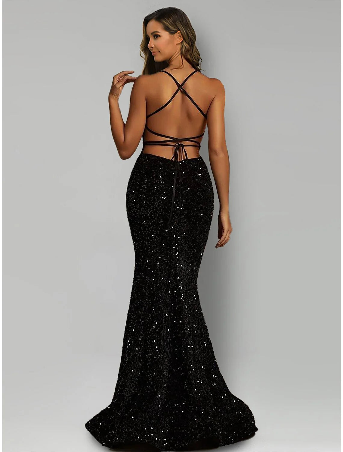 Evening Gown Sparkle & Shine Dress Formal Black Tie Sweep / Brush Train Sleeveless Halter Neck Sequined with Sequin