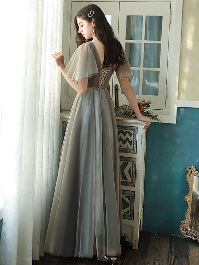 A-Line Bridesmaid Dress V Neck Short Sleeve Elegant Floor Length Tulle with Beading Sequin