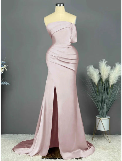 Evening Gown Elegant Dress Formal Sweep / Brush Train Sleeveless Strapless Satin with Pleats Ruched Slit