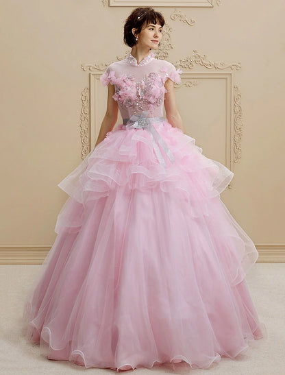 Ball Gown High Neck Floor Length Organza Tulle Wedding Dress with Crystal Beading Bow Flower