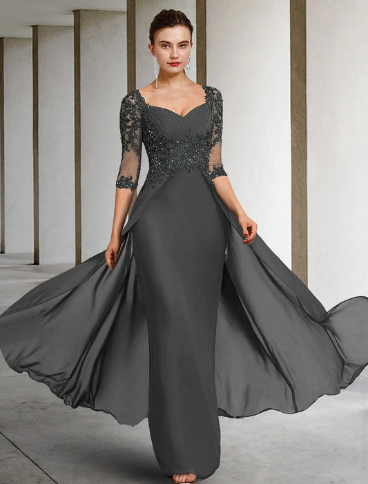 Sheath / Column Mother of the Bride Dress Formal Wedding Guest Party Elegant Square Neck Floor Length Chiffon Lace 3/4 Length Sleeve with Sequin Appliques Ruching