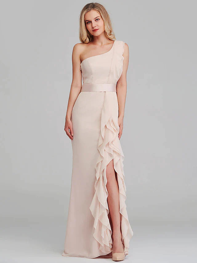 Sheath / Column Bridesmaid Dress One Shoulder Sleeveless Elegant Long Length Chiffon