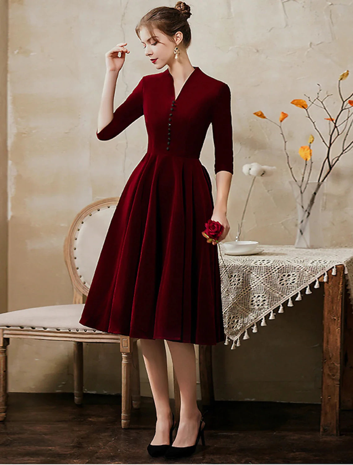 A-Line Minimalist Vintage Party Wear Cocktail Party Dress V Neck Half Sleeve Tea Length Velvet with Sleek