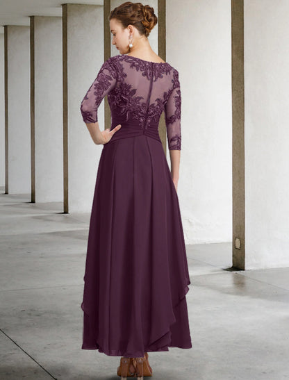 A-Line Mother of the Bride Dress Wedding Guest Elegant Plus Size Jewel Neck Ankle Length Chiffon Lace 3/4 Length Sleeve