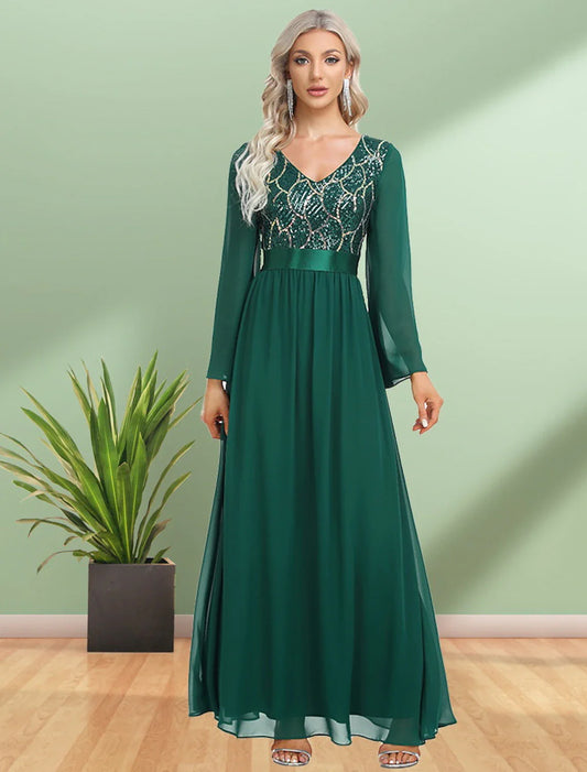 Evening Gown Elegant Dress Party Wear Floor Length Long Sleeve V Neck Chiffon with Sequin