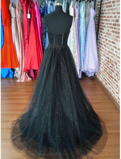 A-Line Evening Dresses Glitter Black Dress Wedding Dresses Formal Gothic Dress Floor Length Sleeveless Sweetheart Spaghetti Tulle