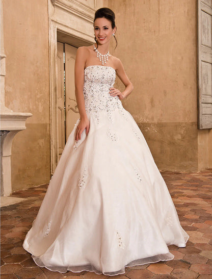 Hall Wedding Dresses Ball Gown Strapless Short Sleeve Floor Length Satin Bridal Gowns With Beading Appliques