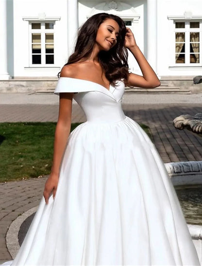 Formal Wedding Dresses Ball Gown Off Shoulder Cap Sleeve Chapel Train Satin Bridal Gowns With Pleats