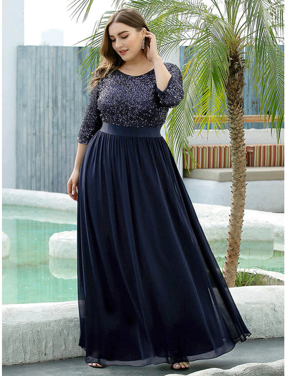 A-Line Mother of the Bride Dress Wedding Guest Plus Size Elegant Jewel Neck Floor Length Tulle Sequined 3/4 Length Sleeve with Sequin Fall