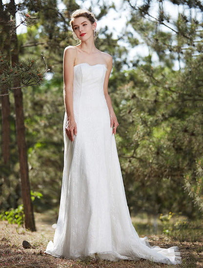 Wedding Dresses A-Line Strapless Sleeveless Court Train Satin Bridal Gowns With Lace