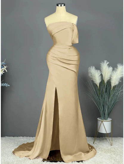 Evening Gown Elegant Dress Formal Sweep / Brush Train Sleeveless Strapless Satin with Pleats Ruched Slit