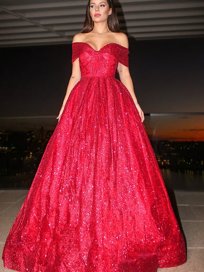 Off-the-Shoulder Sleeveless Satin Ruffles Floor-Length Dresses