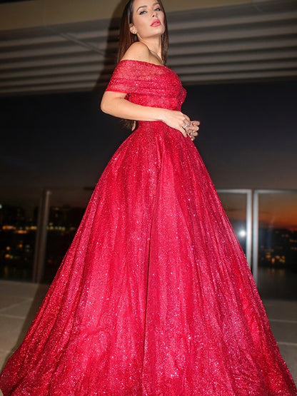 Off-the-Shoulder Sleeveless Satin Ruffles Floor-Length Dresses