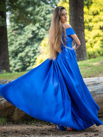 Ruffles Satin Off-the-Shoulder Sleeveless Floor-Length Dresses