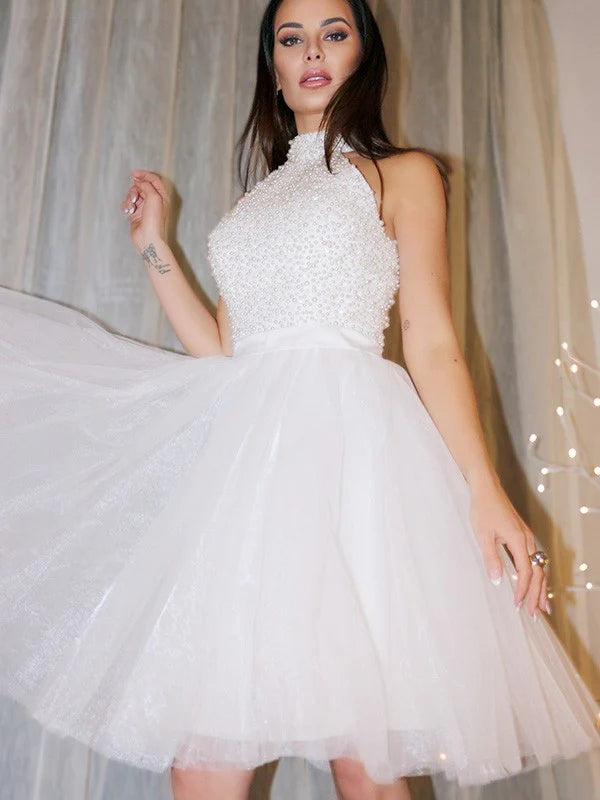 A-Line Princess Sleeveless Halter Beading Tulle Short Mini Homecoming Dresses