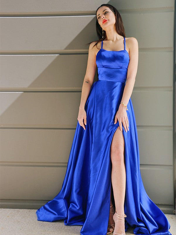 Spaghetti Straps Woven Satin Sleeveless Ruffles Sweep/Brush Train Dresses