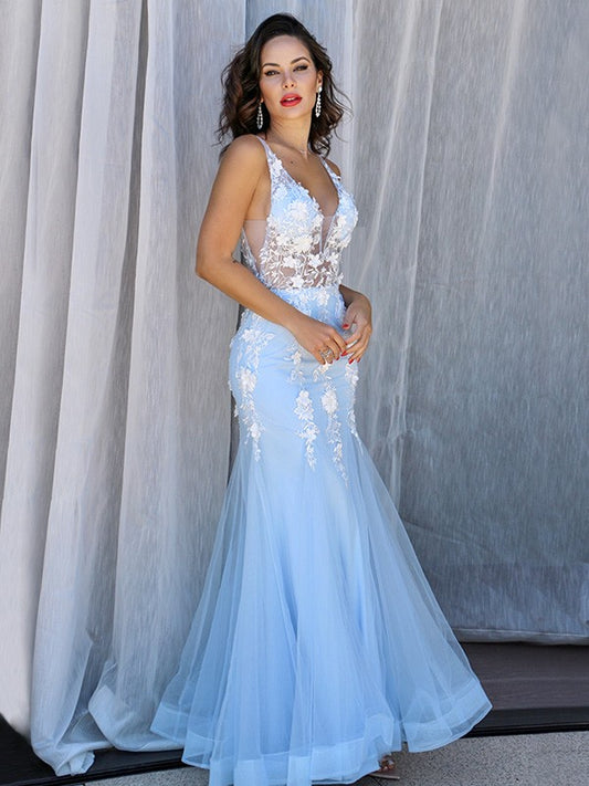 Tulle V-neck Sleeveless Applique Floor-Length Dresses