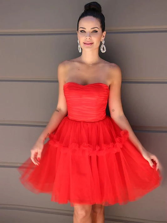 A-Line Princess Strapless Tulle Ruffles Sleeveless Short Mini Homecoming Dresses