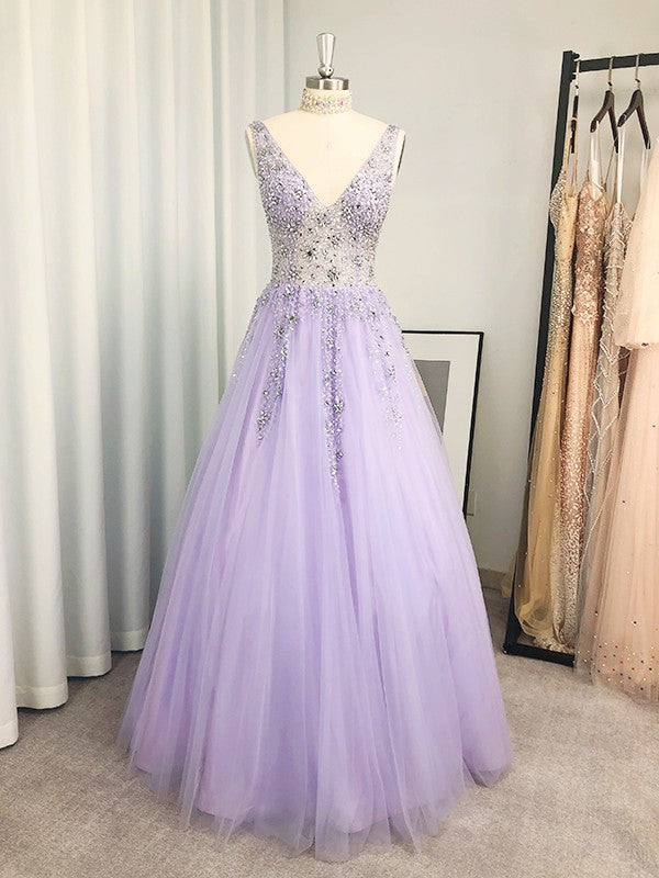 Tulle Beading V-neck Sleeveless Floor-Length Dresses