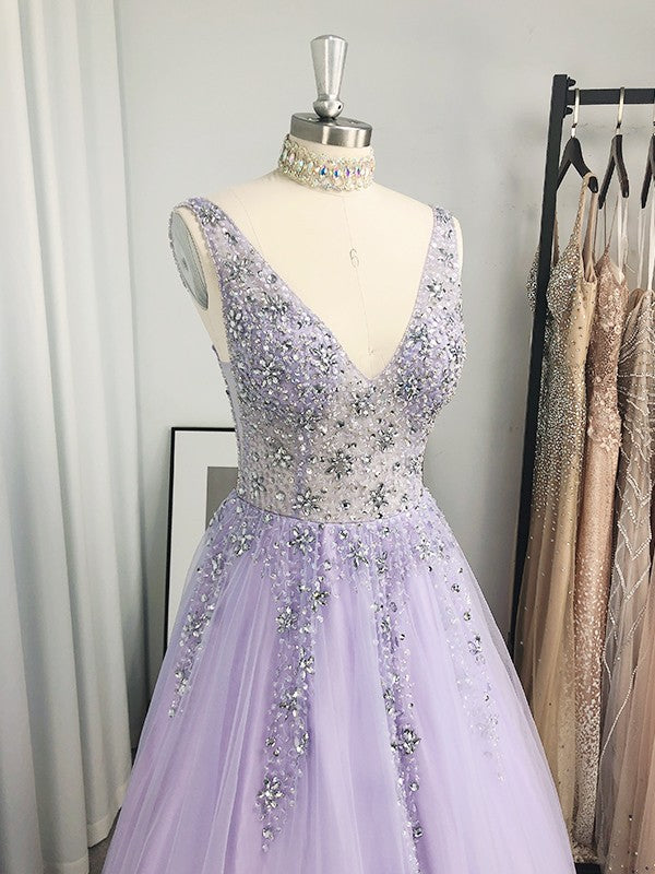 Tulle Beading V-neck Sleeveless Floor-Length Dresses