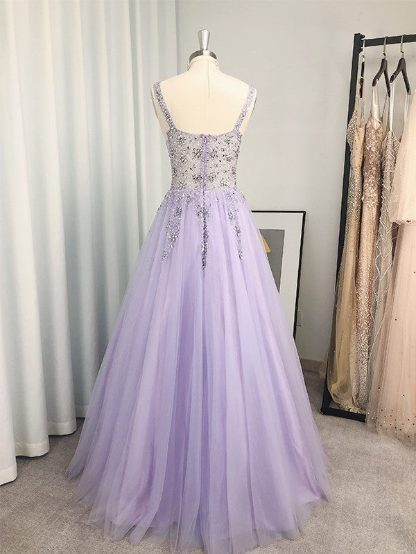 Tulle Beading V-neck Sleeveless Floor-Length Dresses