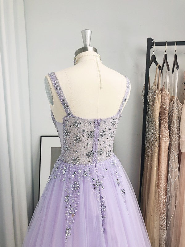 Tulle Beading V-neck Sleeveless Floor-Length Dresses