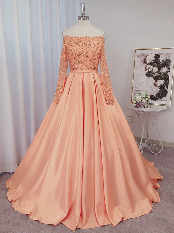 Long Sleeves Beading Off-the-Shoulder Court Train Dresses