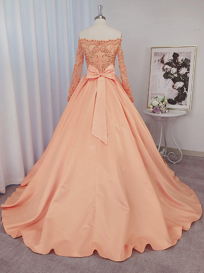 Long Sleeves Beading Off-the-Shoulder Court Train Dresses