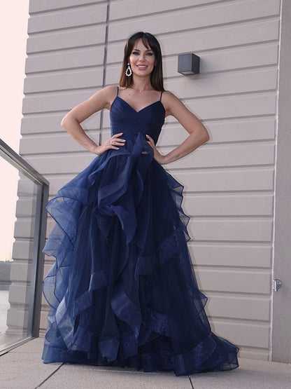 A-Line/Princess Tulle Layers Sleeveless Floor-Length Dresses