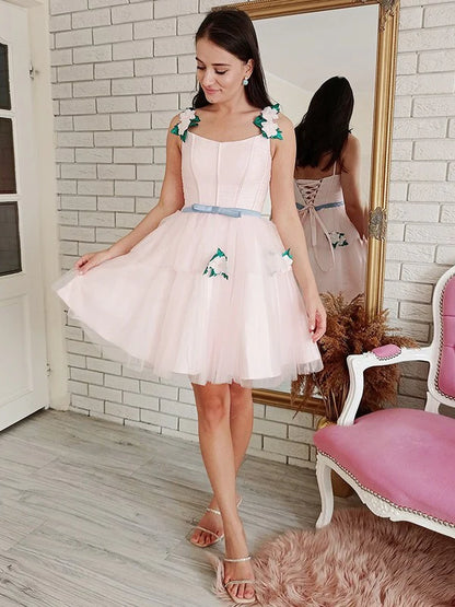 Princess Tulle Hand-Made Flower Square Sleeveless Short Mini Dresses