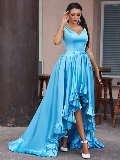 Satin Ruffles V-neck Sleeveless Asymmetrical Dresses