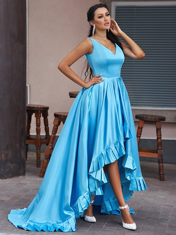 Satin Ruffles V-neck Sleeveless Asymmetrical Dresses