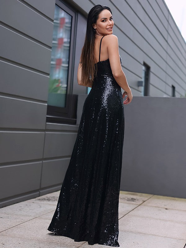 Sequins Ruffles V-neck Sleeveless Floor-Length Dresses