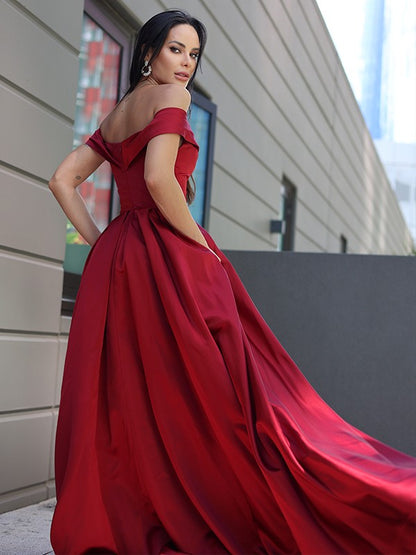 Satin Ruffles Off-the-Shoulder Sleeveless Sweep/Brush Train Dresses