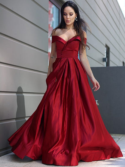 Satin Ruffles Off-the-Shoulder Sleeveless Sweep/Brush Train Dresses