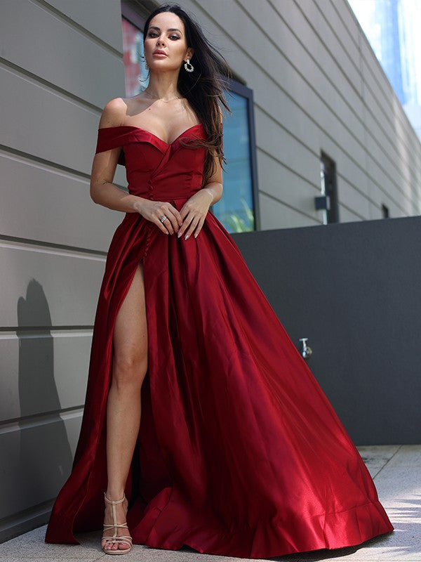 Satin Ruffles Off-the-Shoulder Sleeveless Sweep/Brush Train Dresses